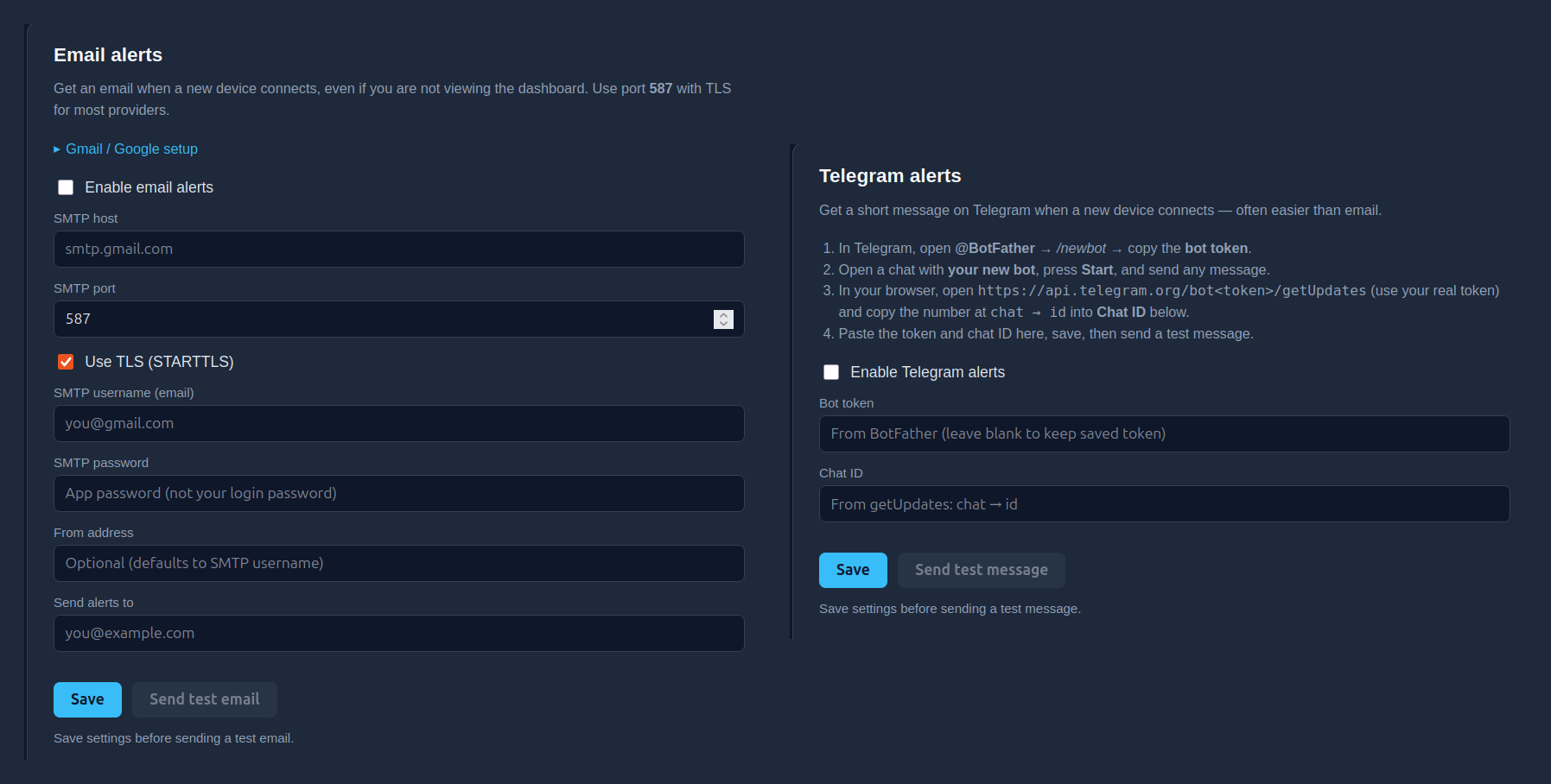 Settings page with Telegram and email alert configuration